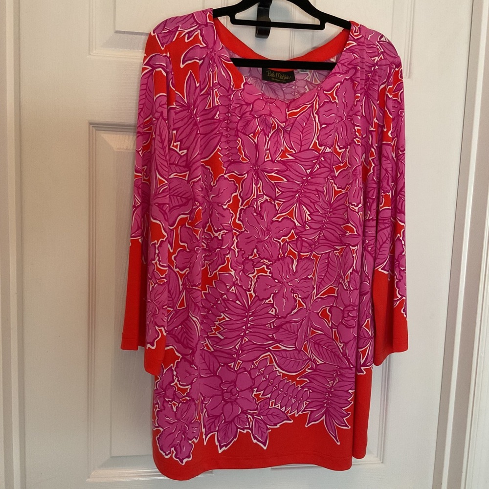 Bob Mackie Wearable Art Pink Orange Floral Tunic Top 3/4 Sleeve Plus 1X A379984